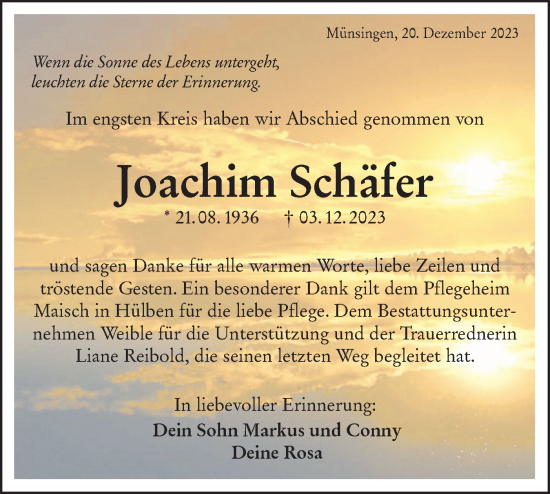 Traueranzeige von Joachim Schäfer von Alb-Bote/Metzinger-Uracher Volksblatt