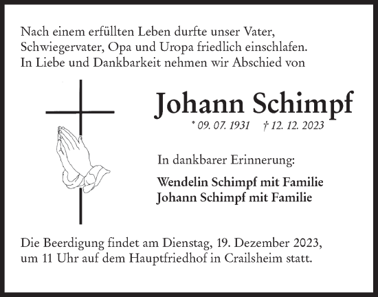 Traueranzeige von Johann Schimpf von Hohenloher Tagblatt