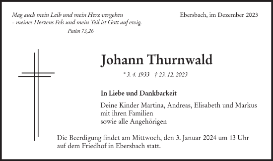 Traueranzeige von Johann Thurnwald von NWZ Neue Württembergische Zeitung