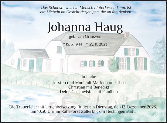 Traueranzeige von Johanna Haug von Hohenzollerische Zeitung