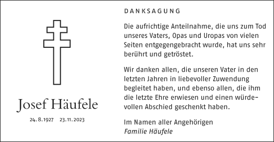 Traueranzeige von Josef Häufele von SÜDWEST PRESSE Ausgabe Ulm/Neu-Ulm