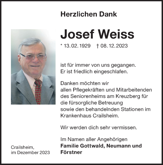 Traueranzeige von Josef Weiss von Hohenloher Tagblatt
