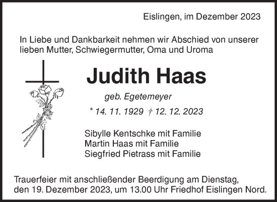 Traueranzeige von Judith Haas von NWZ Neue Württembergische Zeitung