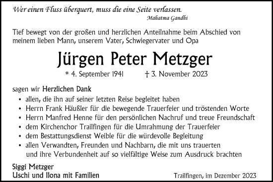 Traueranzeige von Jürgen Peter Metzger von Alb-Bote/Metzinger-Uracher Volksblatt