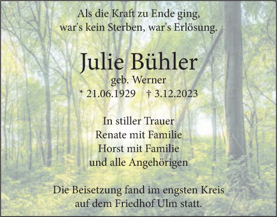 Traueranzeige von Julie Bühler von SÜDWEST PRESSE Ausgabe Ulm/Neu-Ulm