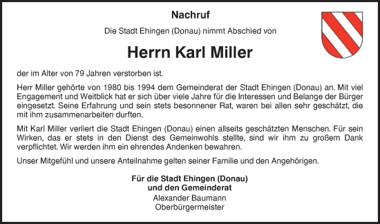 Traueranzeige von Karl Miller von Ehinger Tagblatt