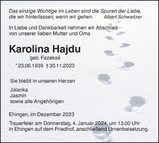 Traueranzeige von Karolina Hajdu von Ehinger Tagblatt