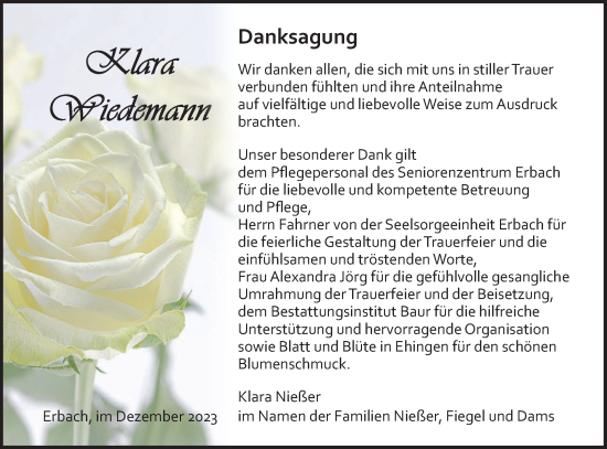 Traueranzeige von Klara Wiedemann von SÜDWEST PRESSE Ausgabe Ulm/Neu-Ulm