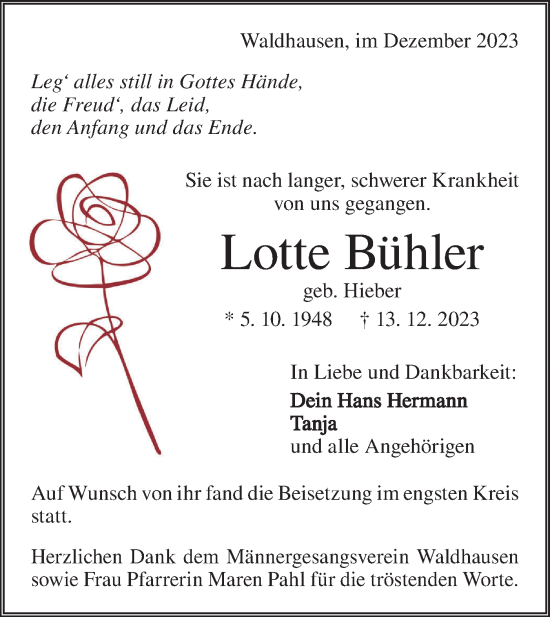 Traueranzeige von Lotte Bühler von Geislinger Zeitung