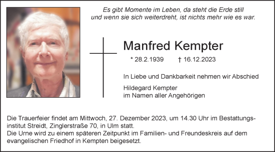 Traueranzeige von Manfred Kempter von SÜDWEST PRESSE Ausgabe Ulm/Neu-Ulm