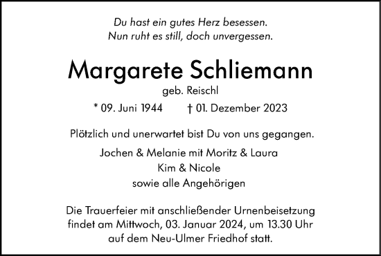 Traueranzeige von Margarete Schliemann von SÜDWEST PRESSE Ausgabe Ulm/Neu-Ulm