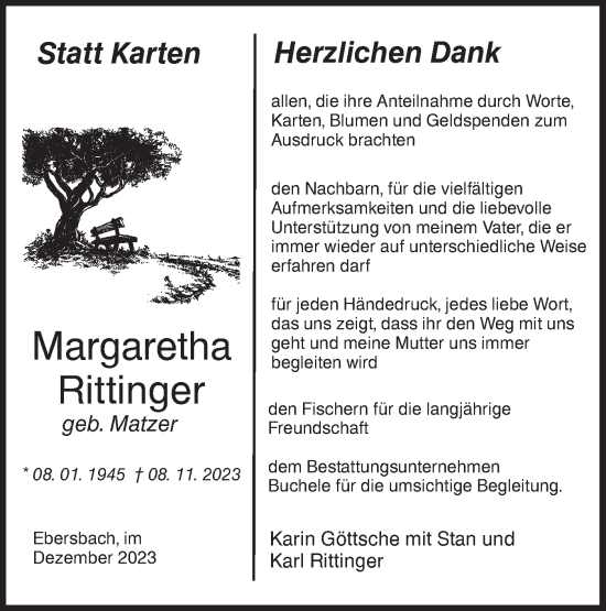 Traueranzeige von Margaretha Rittinger von NWZ Neue Württembergische Zeitung