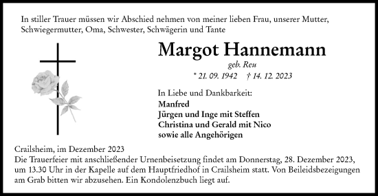 Traueranzeige von Margot Hannemann von Hohenloher Tagblatt