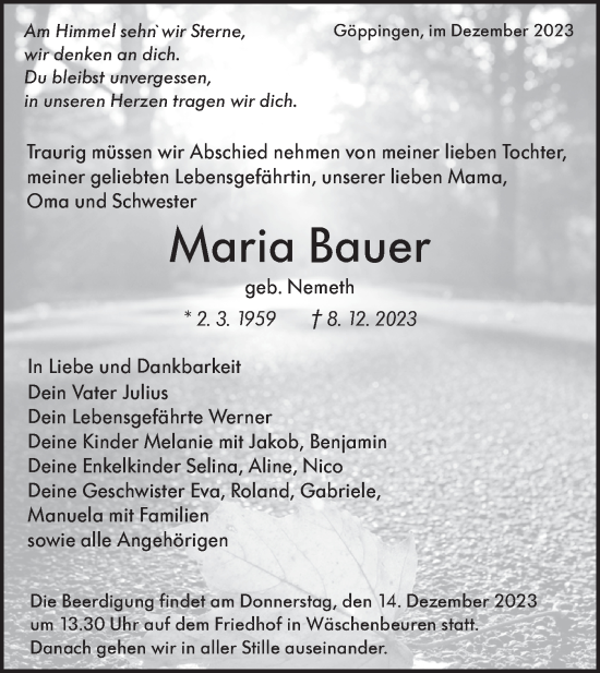 Traueranzeige von Maria Bauer von NWZ Neue Württembergische Zeitung