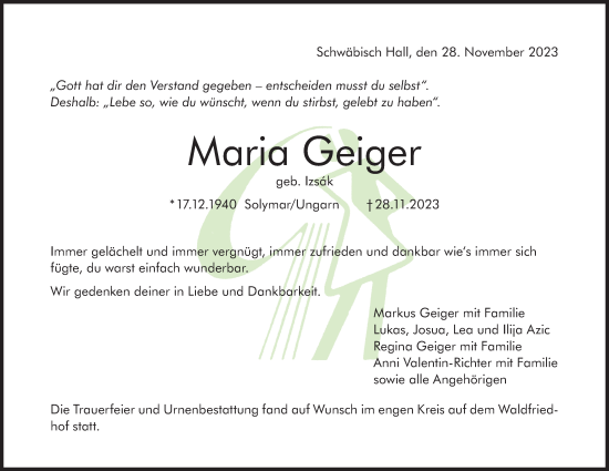Traueranzeige von Maria Geiger von Haller Tagblatt