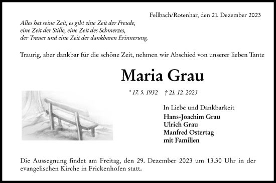 Traueranzeige von Maria Grau von Rundschau Gaildorf