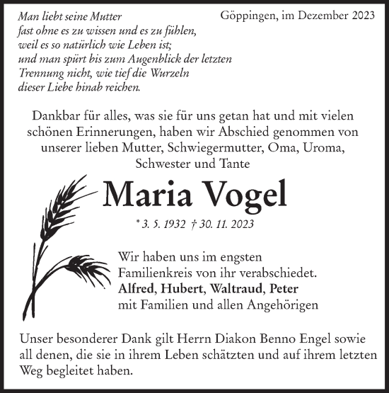 Traueranzeige von Maria Vogel von NWZ Neue Württembergische Zeitung