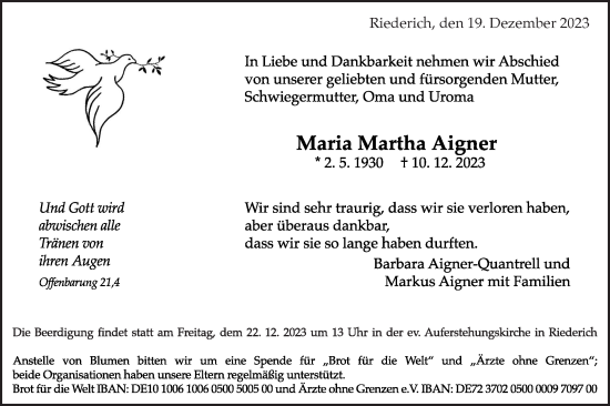 Traueranzeige von Maria Martha Aigner von SÜDWEST PRESSE/SÜDWEST PRESSE