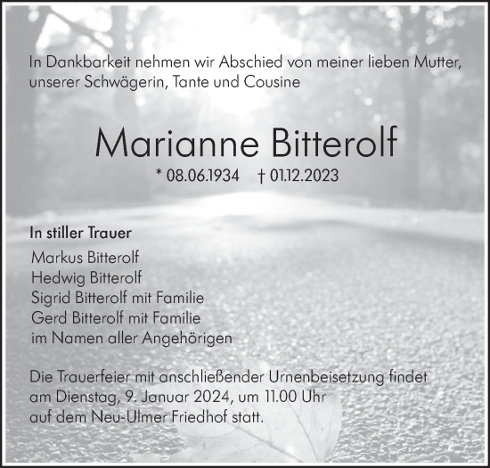 Traueranzeige von Marianne Bitterolf von SÜDWEST PRESSE Ausgabe Ulm/Neu-Ulm