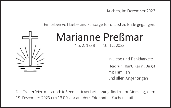 Traueranzeige von Marianne Preßmar von Geislinger Zeitung