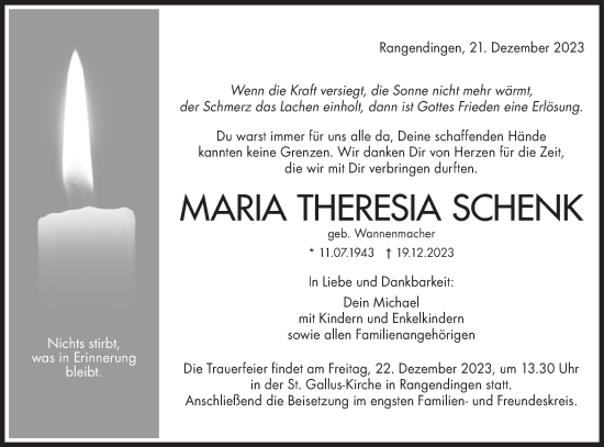 Traueranzeige von Maria Theresia Schenk von Hohenzollerische Zeitung