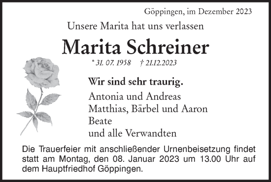 Traueranzeige von Marita Schreiner von NWZ Neue Württembergische Zeitung