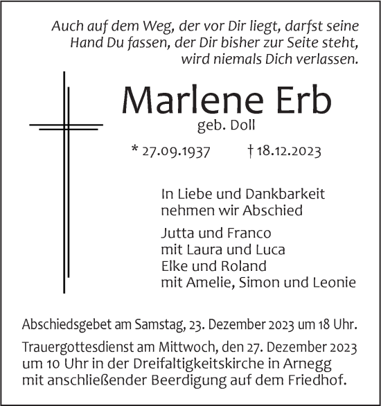 Traueranzeige von Marlene Erb von SÜDWEST PRESSE Ausgabe Ulm/Neu-Ulm