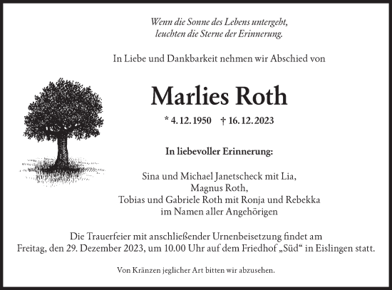 Traueranzeige von Marlies Roth von NWZ Neue Württembergische Zeitung