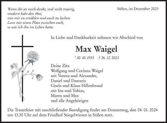 Traueranzeige von Max Waigel von NWZ Neue Württembergische Zeitung