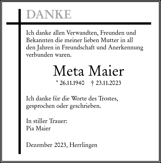 Traueranzeige von Meta Maier von SÜDWEST PRESSE Ausgabe Ulm/Neu-Ulm