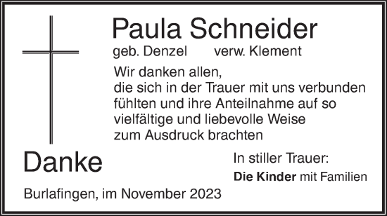 Traueranzeige von Paula Schneider von SÜDWEST PRESSE Ausgabe Ulm/Neu-Ulm