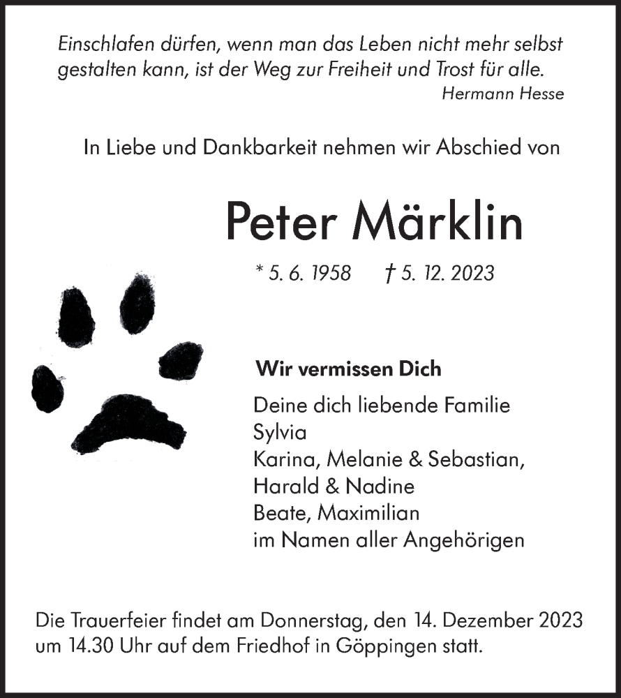  Traueranzeige für Peter Märklin vom 11.12.2023 aus NWZ Neue Württembergische Zeitung