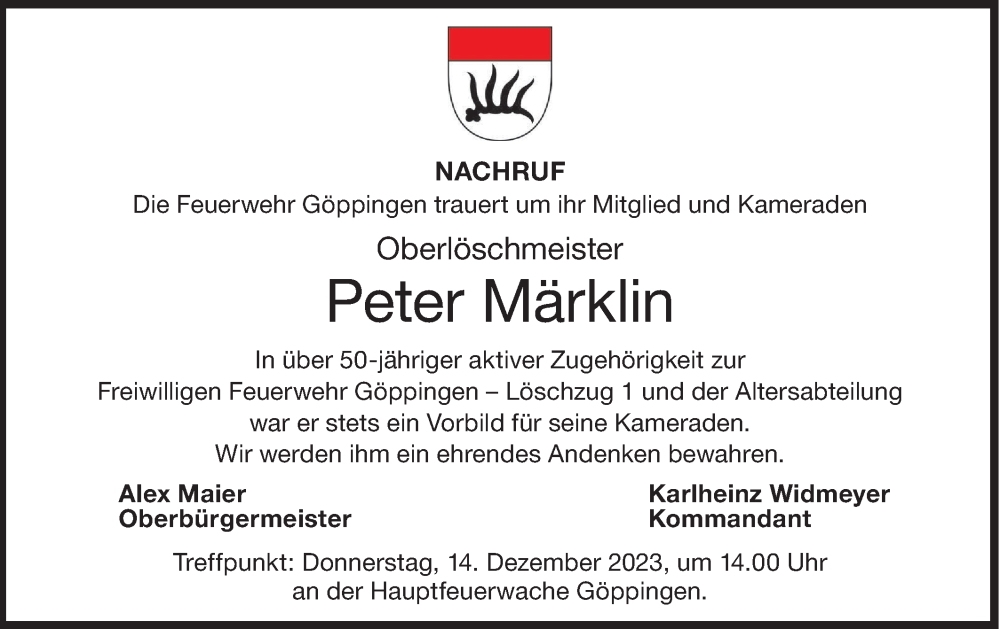  Traueranzeige für Peter Märklin vom 12.12.2023 aus NWZ Neue Württembergische Zeitung