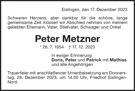 Traueranzeige von Peter Metzner von NWZ Neue Württembergische Zeitung