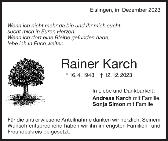 Traueranzeige von Rainer Karch von NWZ Neue Württembergische Zeitung