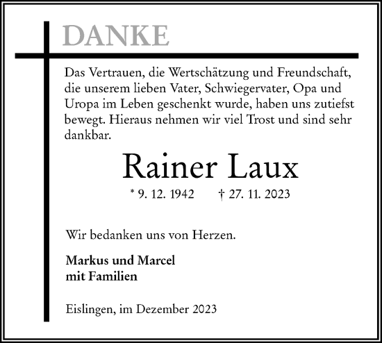 Traueranzeige von Rainer Laux von NWZ Neue Württembergische Zeitung