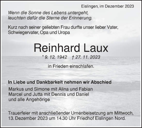 Traueranzeige von Reinhard Laux von NWZ Neue Württembergische Zeitung