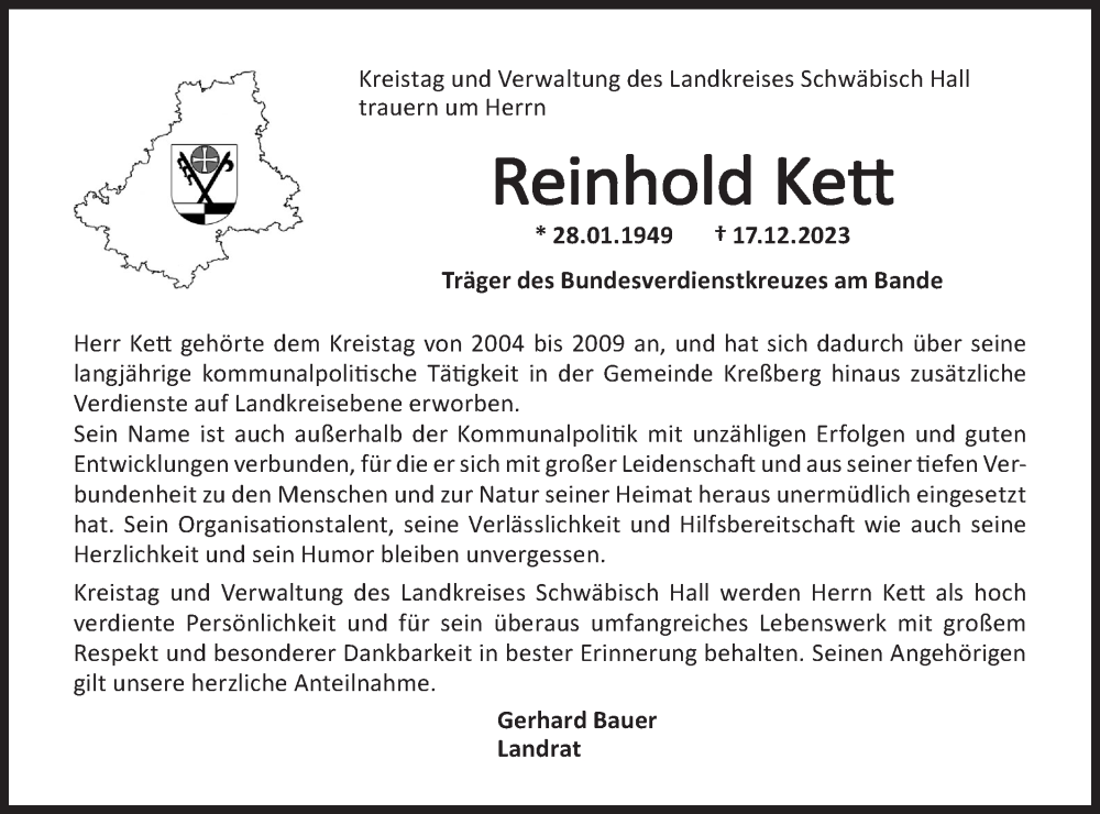  Traueranzeige für Reinhold Kett vom 23.12.2023 aus Hohenloher Tagblatt