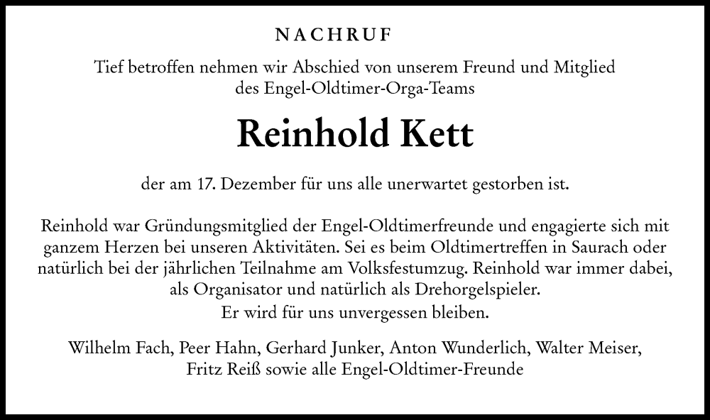  Traueranzeige für Reinhold Kett vom 22.12.2023 aus Hohenloher Tagblatt