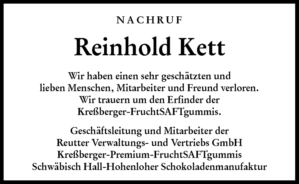  Traueranzeige für Reinhold Kett vom 23.12.2023 aus Hohenloher Tagblatt