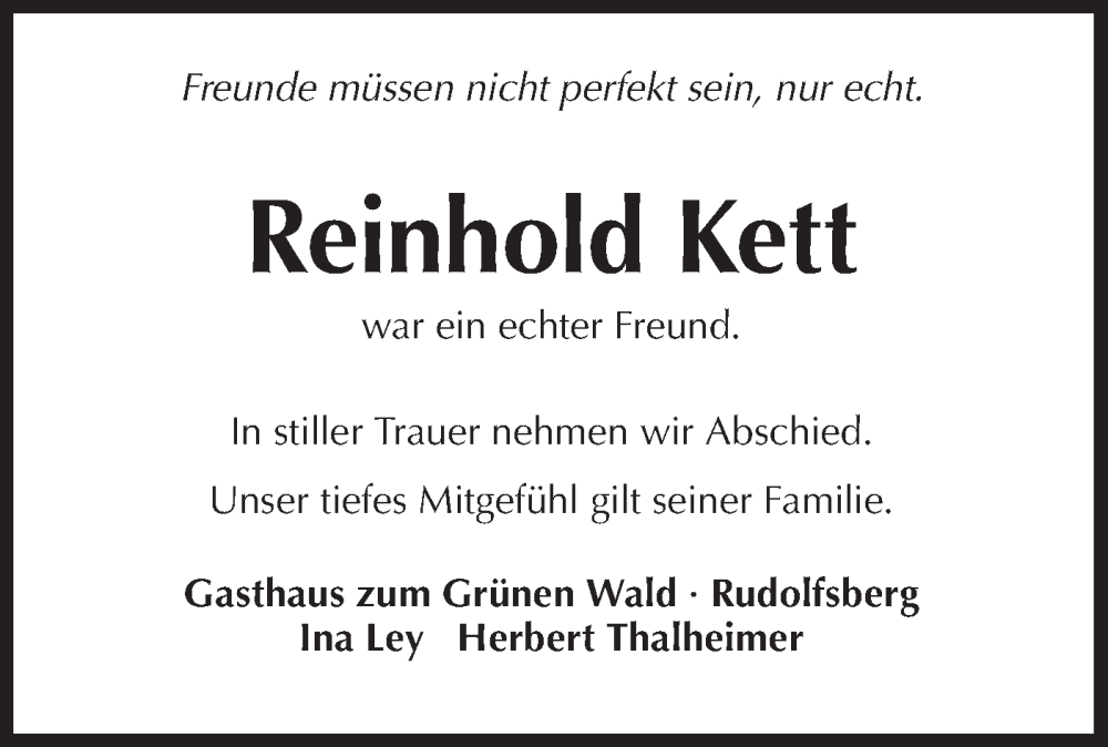  Traueranzeige für Reinhold Kett vom 22.12.2023 aus Hohenloher Tagblatt