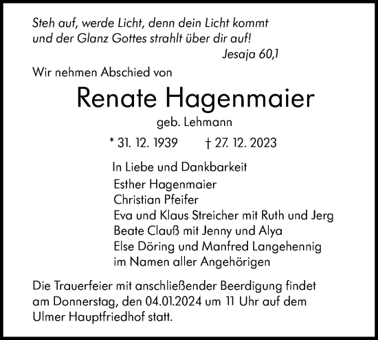 Traueranzeige von Renate Hagenmaier von SÜDWEST PRESSE Ausgabe Ulm/Neu-Ulm