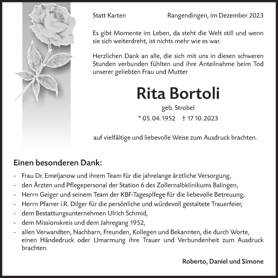 Traueranzeige von Rita Bortoli von Hohenzollerische Zeitung