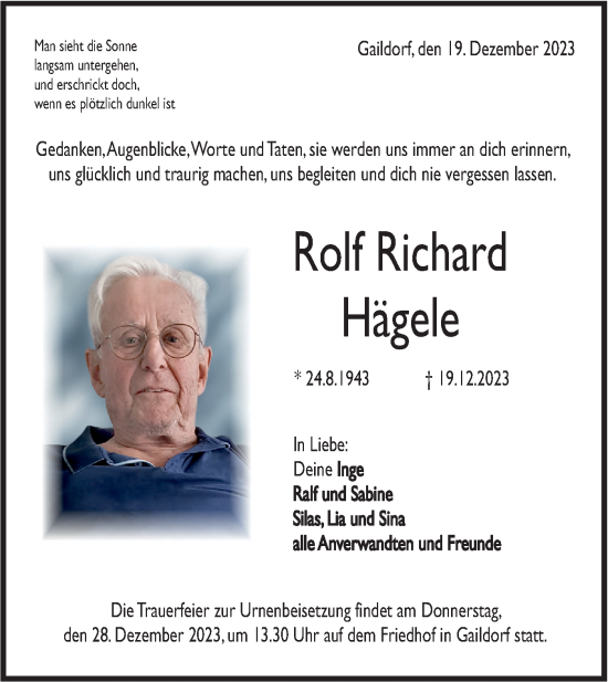 Traueranzeige von Rolf Richard Hägele von Rundschau Gaildorf