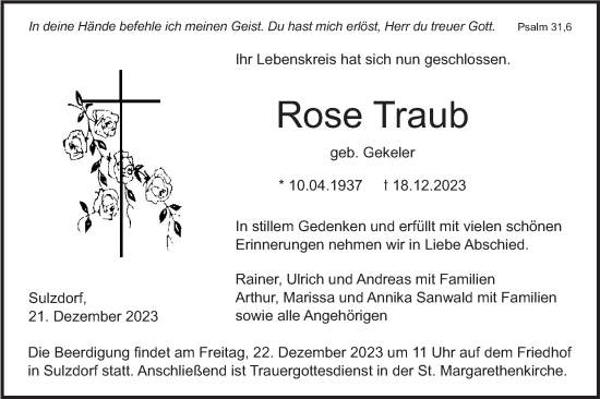 Traueranzeige von Rose Traub von Haller Tagblatt