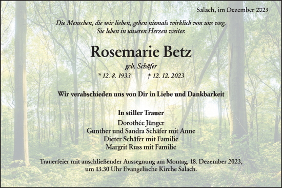 Traueranzeige von Rosemarie Betz von NWZ Neue Württembergische Zeitung