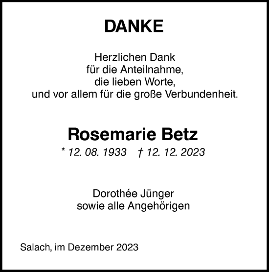 Traueranzeige von Rosemarie Betz von NWZ Neue Württembergische Zeitung