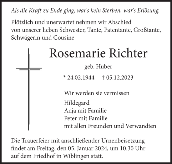 Traueranzeige von Rosemarie Richter von SÜDWEST PRESSE Ausgabe Ulm/Neu-Ulm