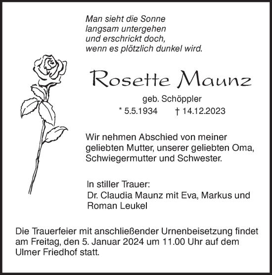 Traueranzeige von Rosette Maunz von SÜDWEST PRESSE Ausgabe Ulm/Neu-Ulm