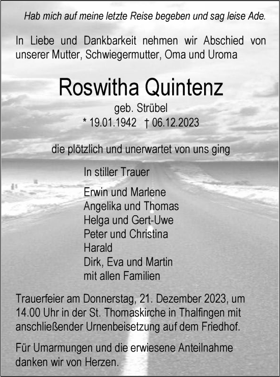 Traueranzeige von Roswitha Quintenz von Das Blaumännle